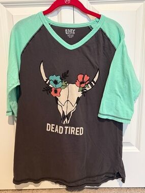 Lazy One Charcoal Tee with Mint Raglan Sleeves and Floral Skull
